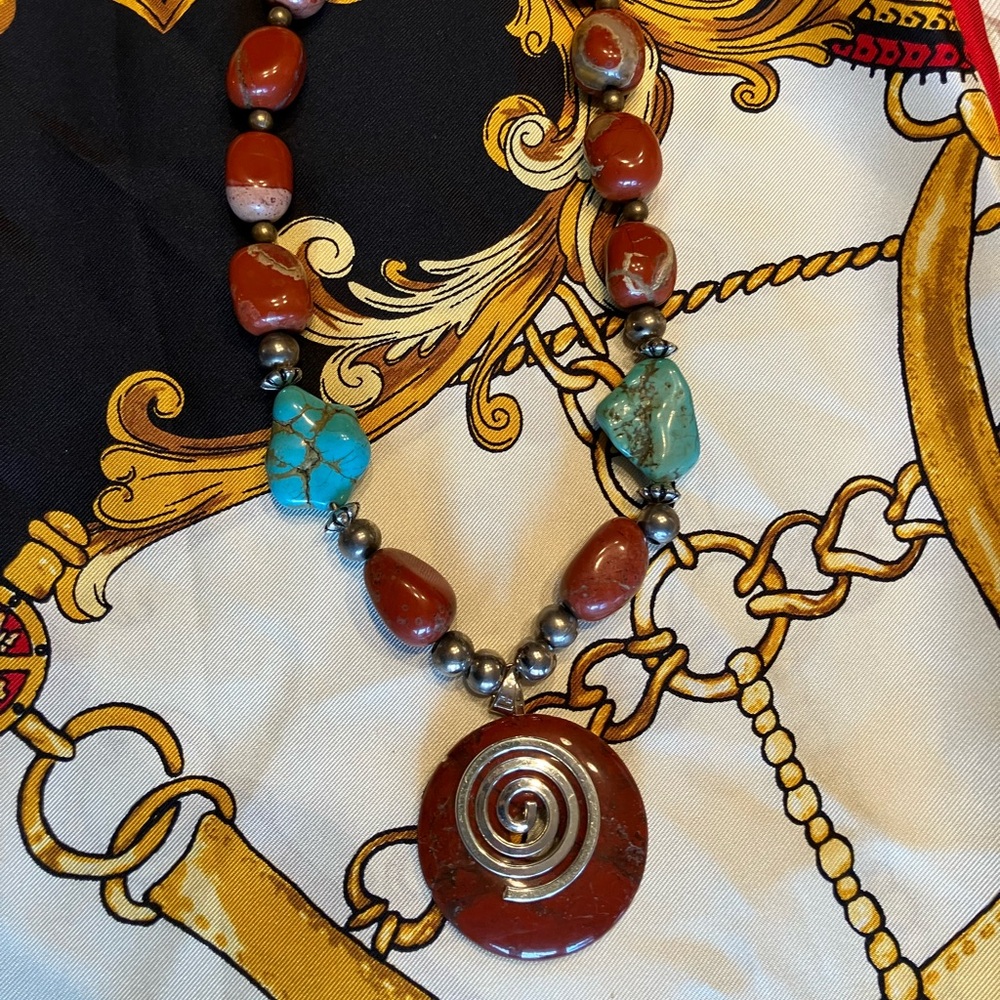 RED JASPER AND AUTHENTIC TURQUOISE SILVER ACCENTS WITH TURQ EARRINGS - Picture 9 of 13